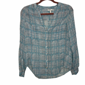 Joie Sheer Seagreen Blue Plaid Silk Blouse Size XSmall
